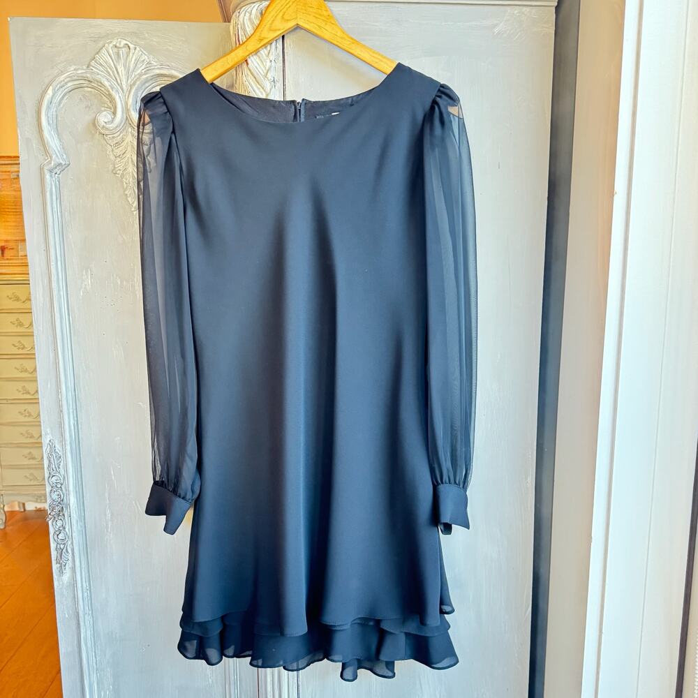 Vintage Hampton Nites Black Sheer Sleeve Dress Size 8 Petite | Blouson Sleeves